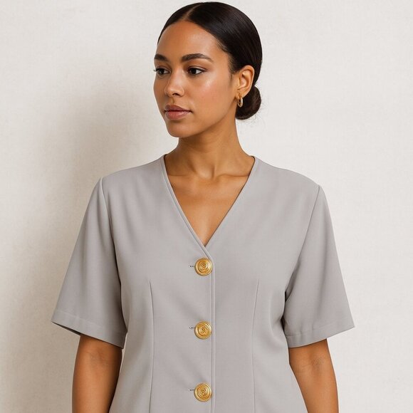 Vintage Marilyn Athens Gray Blouse Top Size 46 Gold Spiral Buttons Short Sleeve - Picture 2 of 12